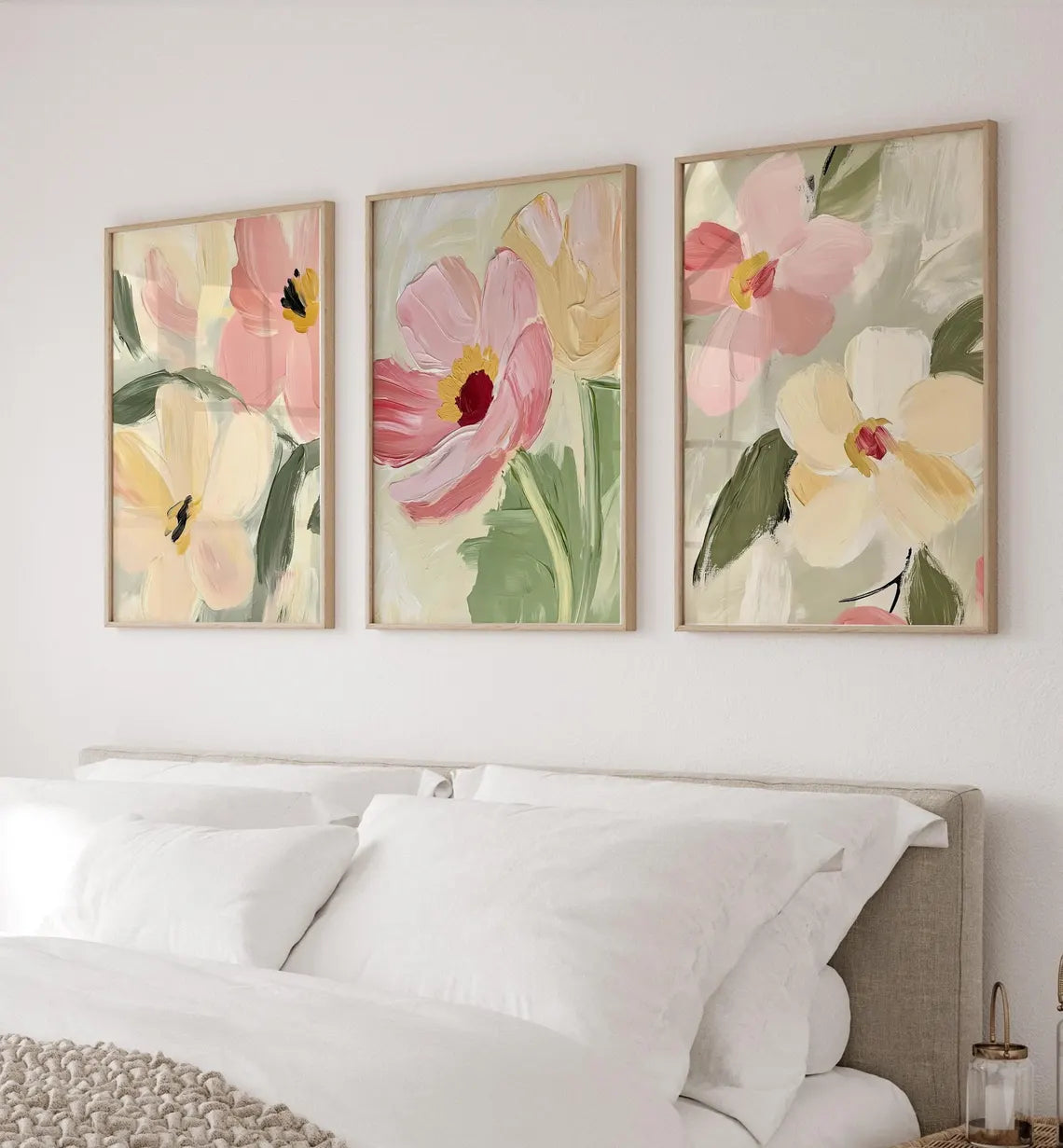 Poster sous verre fleurs roses et vertes