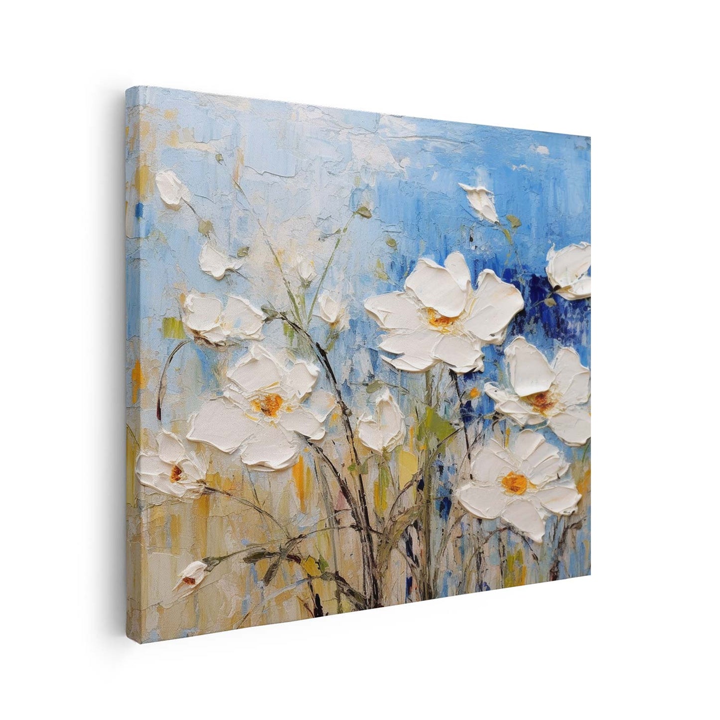 Tableau carré sur toile, fleur blanche sur fond bleu KWADECO