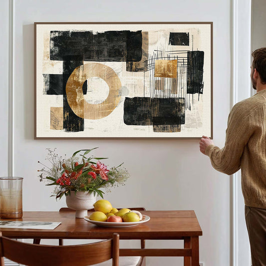 Tableau sur toile d'abstraction noir et doré KWADECO