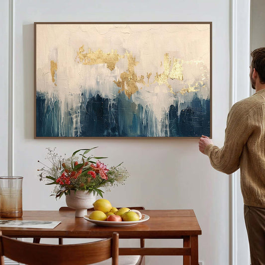 Tableau sur toile d'abstrait moderne  doré et bleu KWADECO