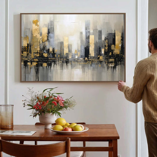 Tableau sur toile d'une ville dorée et urbaine noir KWADECO