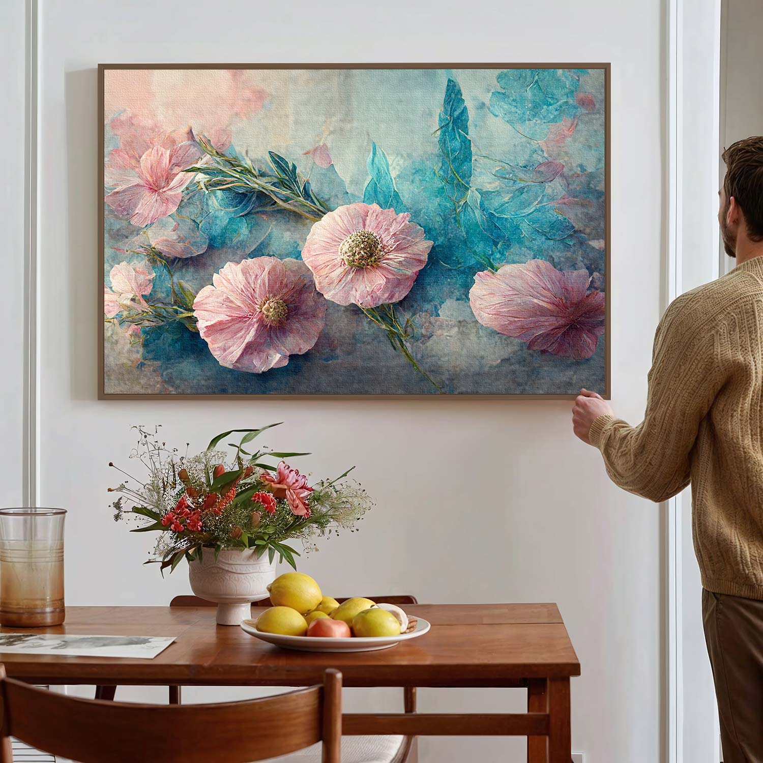 Tableau sur toile de fleurs rose et bleu art KWADECO