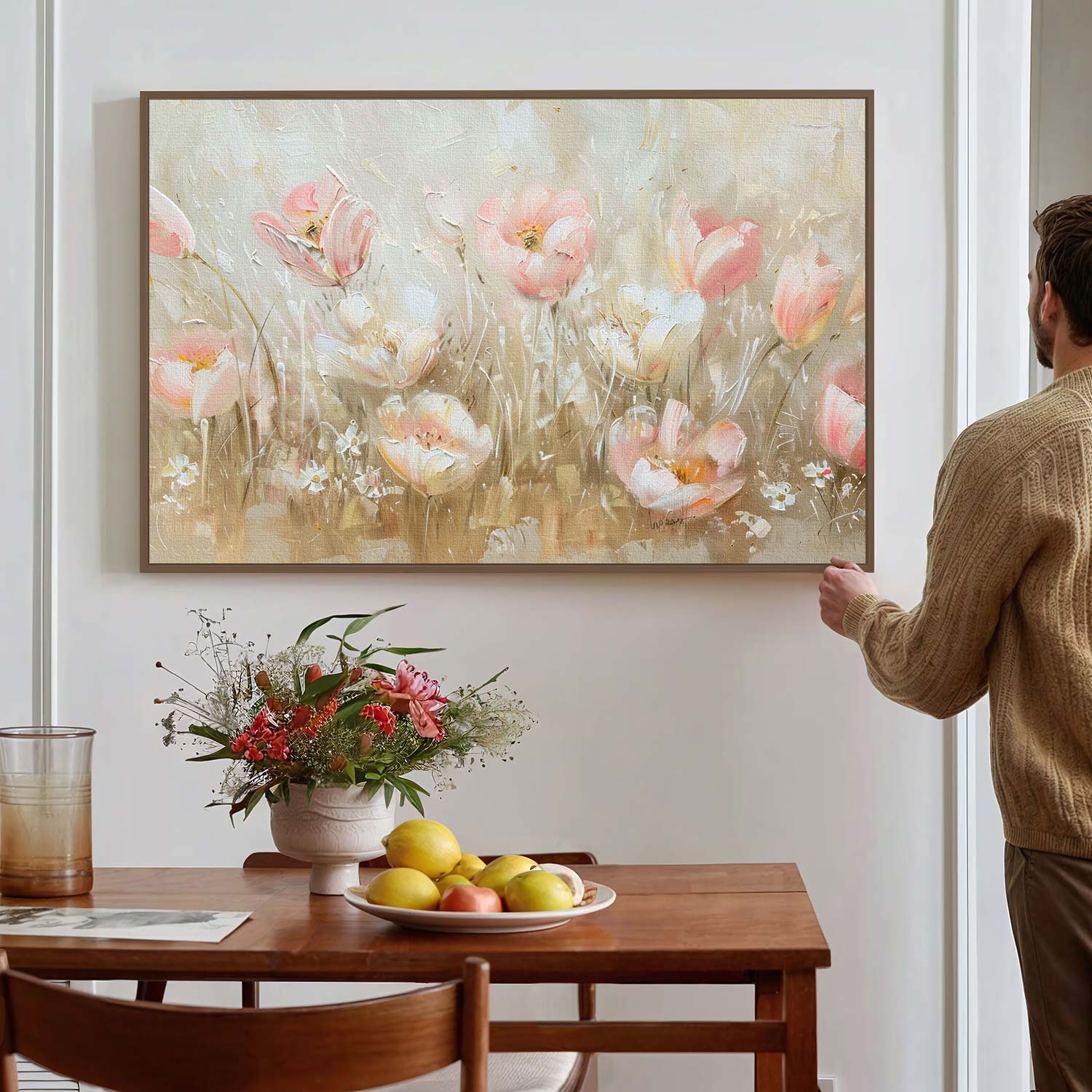 Tableau sur toile d'abstrait de fleur rose et blanc KWADECO