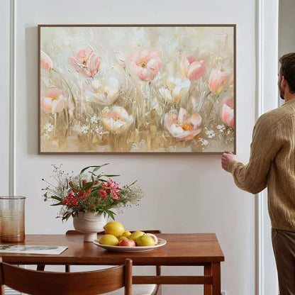 Tableau sur toile d'abstrait de fleur rose et blanc KWADECO