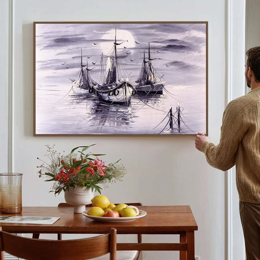 Tableau sur toile d'un navire et de la lune gris KWADECO