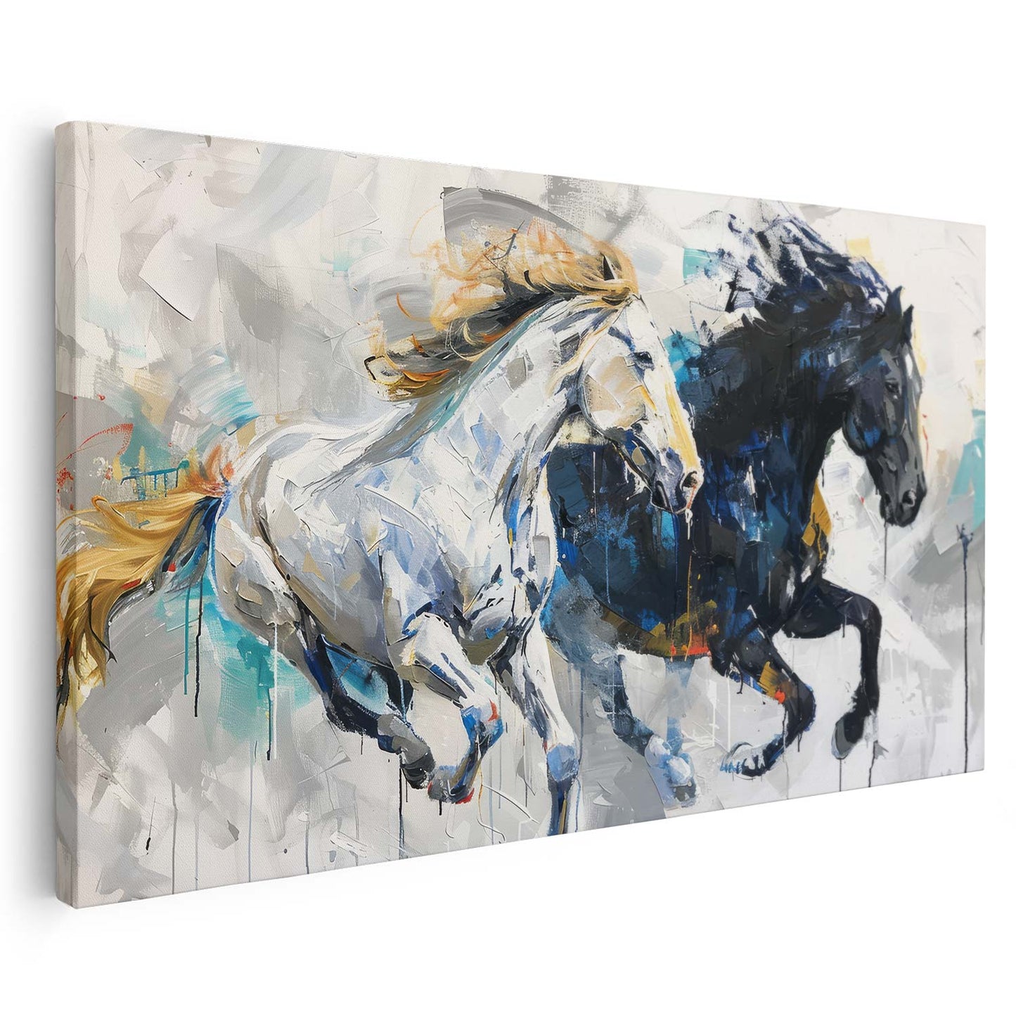 Cheval noir et cheval blanc en pleine course, une œuvre artistique