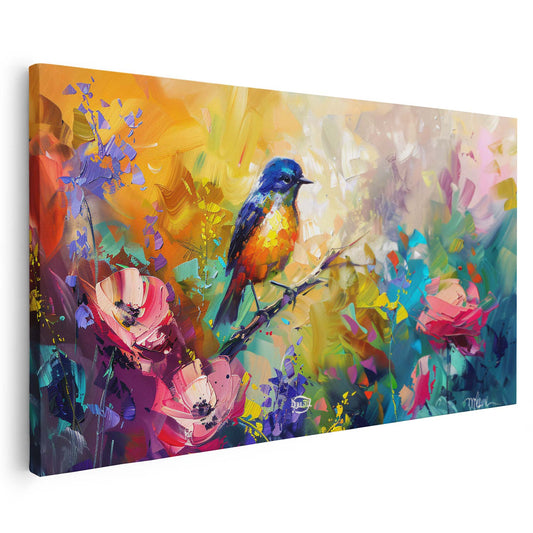 Toile représentant un oiseau coloré sur un fond de nature, style peinture