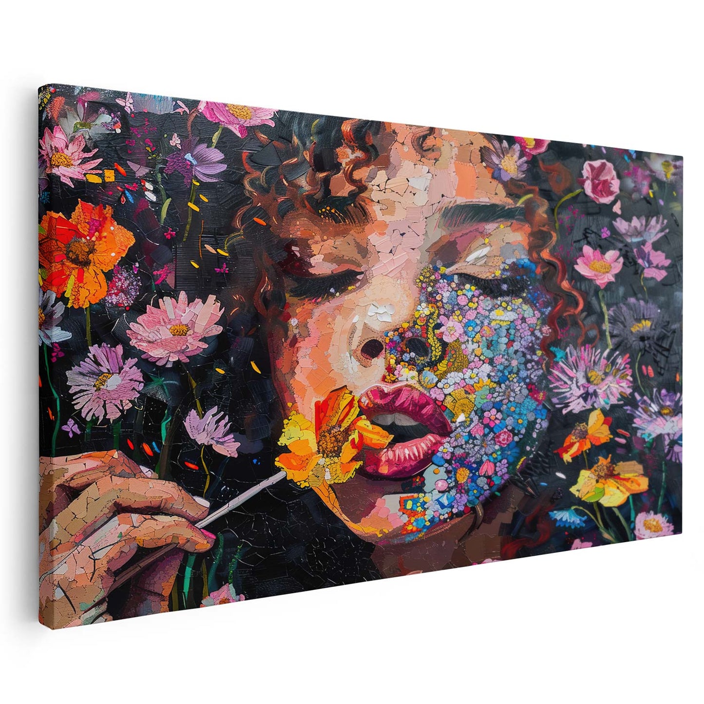 Visage de femme entouré de fleurs dans un style abstrait