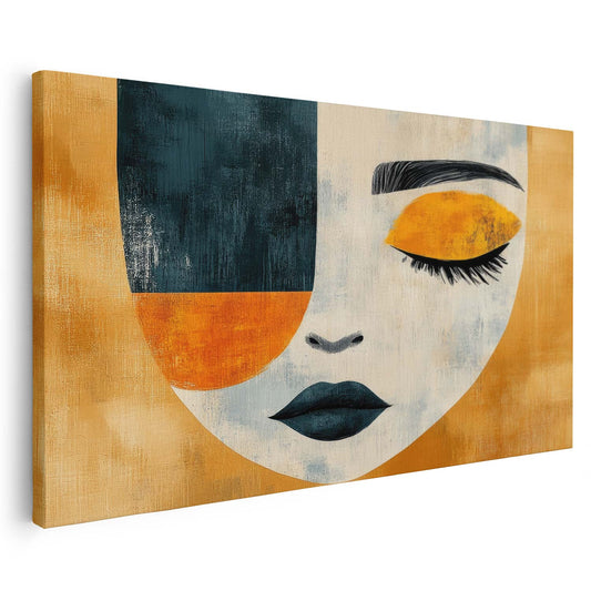 Toile moderne représentant un visage sur un fond doré minimaliste