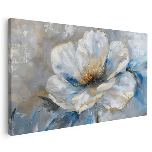 Tableau sur toile d'une fleur blanche avec des taches bleues KWADECO