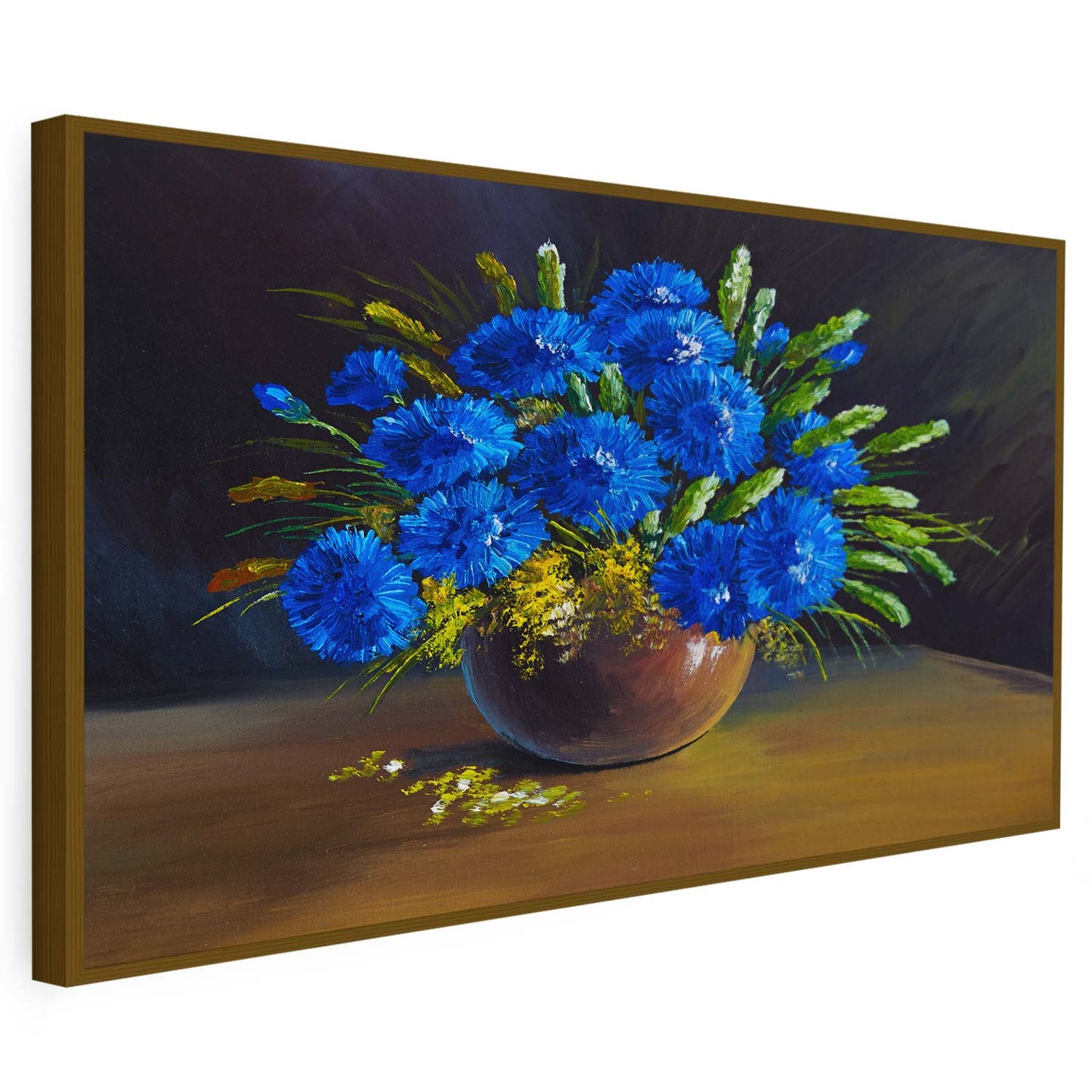 Tableau de vase avec des fleurs bleu sur fond noir KWADECO