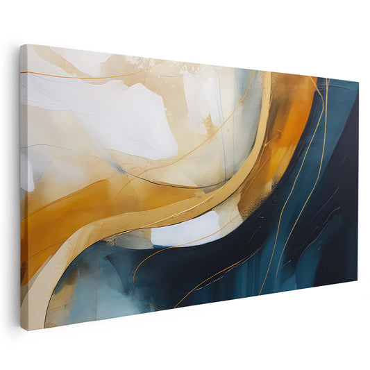 Tableau sur toile abstrait de vagues doré et bleu KWADECO