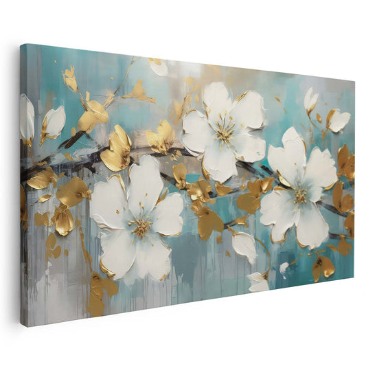 Tableau sur toile de fleurs bleu ciel avec des taches dorées KWADECO