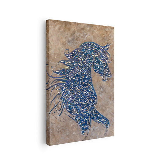Toile calligraphiée, silhouette dorée de cheval KWADECO