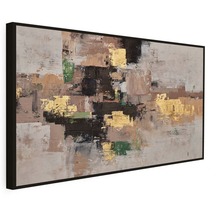 Tableau sur toile d'abstrait doré et vert sur fond beige KWADECO