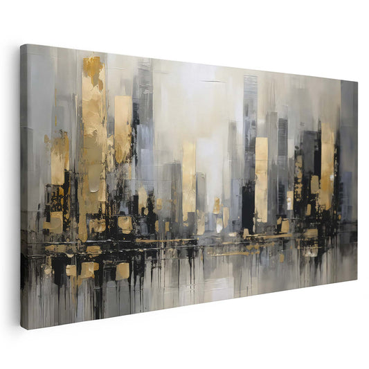 Tableau sur toile d'une ville dorée et urbaine noir KWADECO