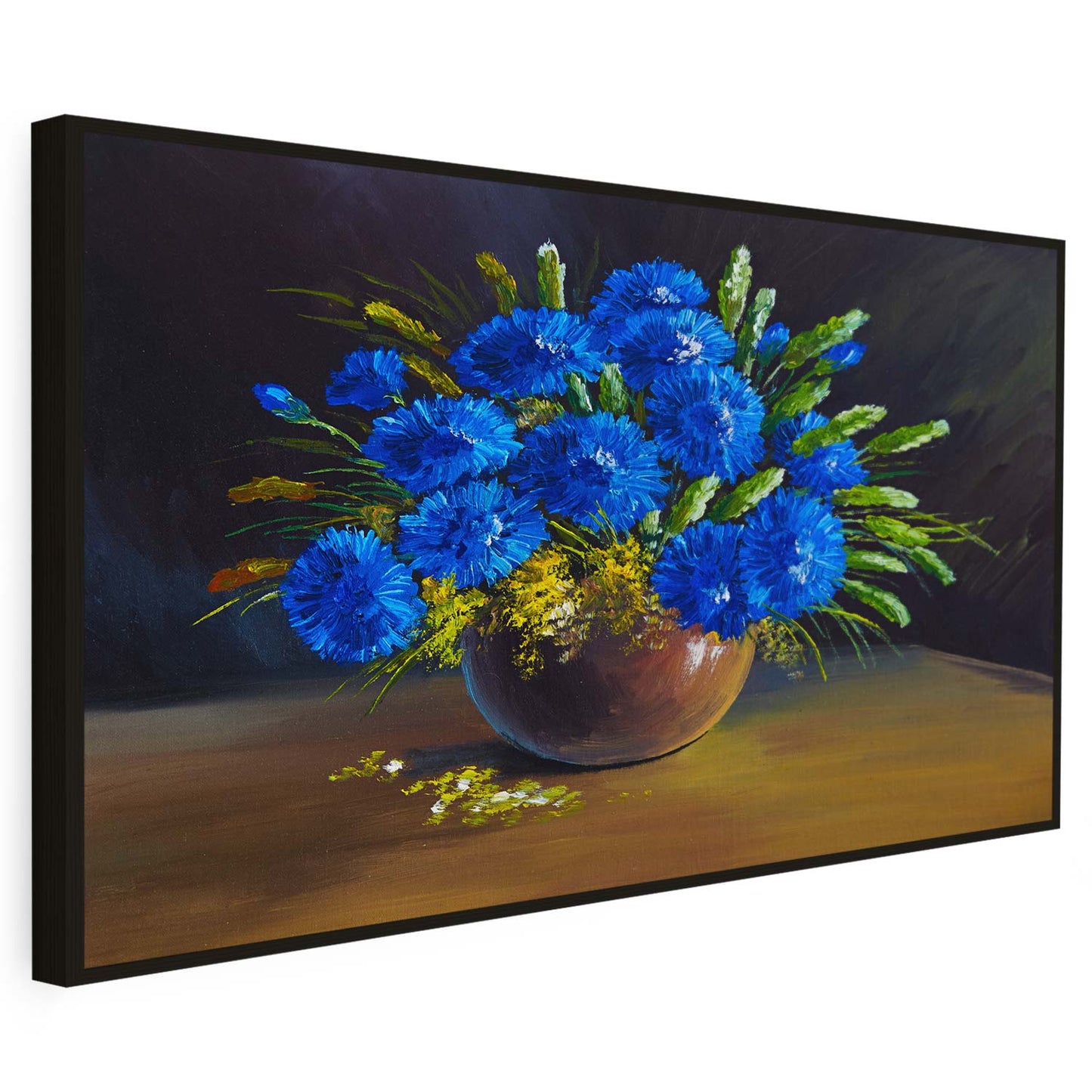 Tableau de vase avec des fleurs bleu sur fond noir KWADECO