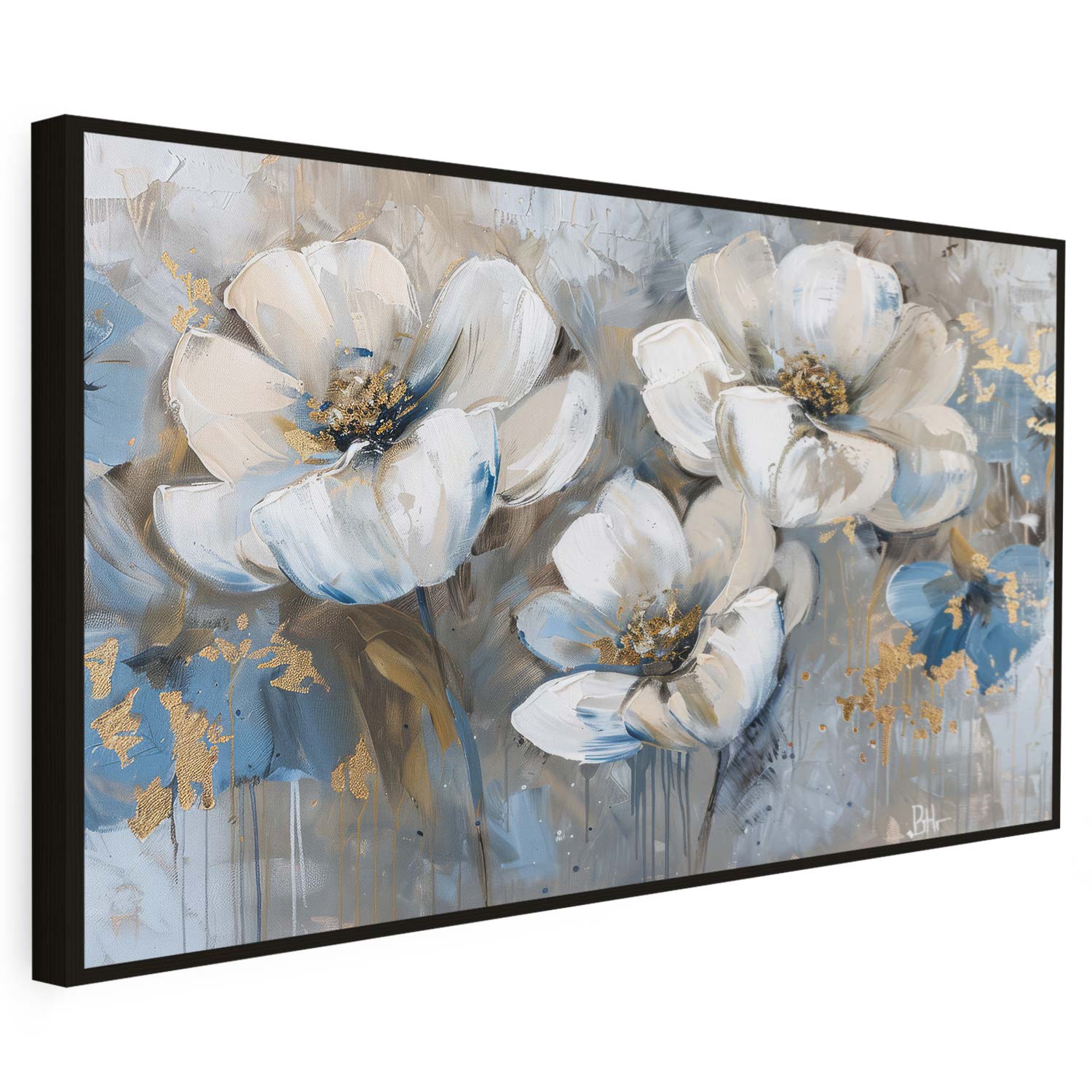 Tableau sur toile d'abstrait fleur avec taché doré et bleu KWADECO