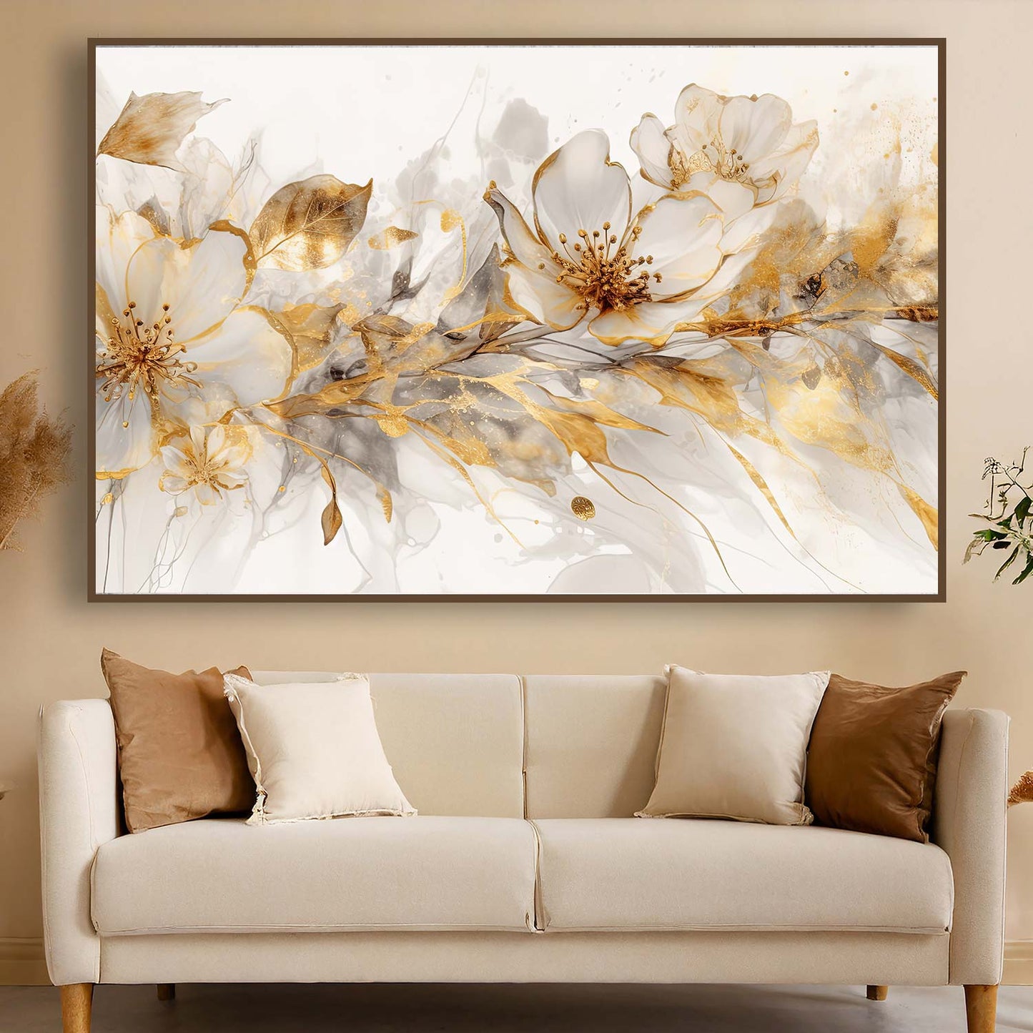 Tableau sur toile de fleurs dorées sur un fond banc KWADECO