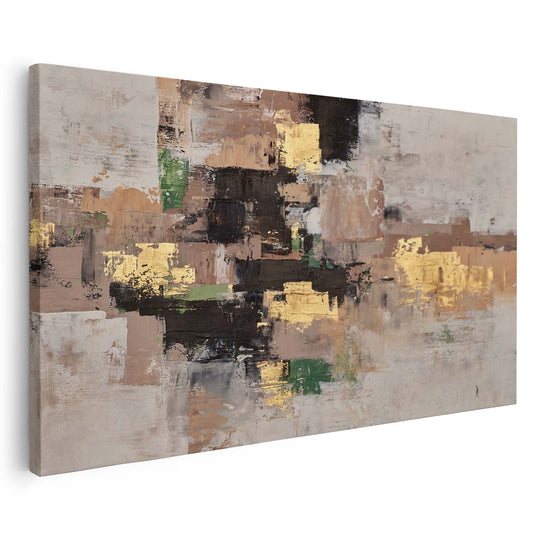 Tableau sur toile d'abstrait doré et vert sur fond beige KWADECO