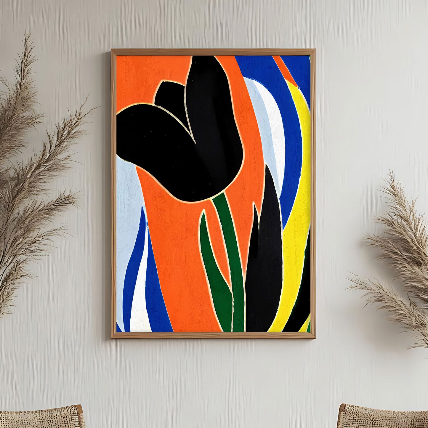 Poster sous verre fleur noire sur fond orangé