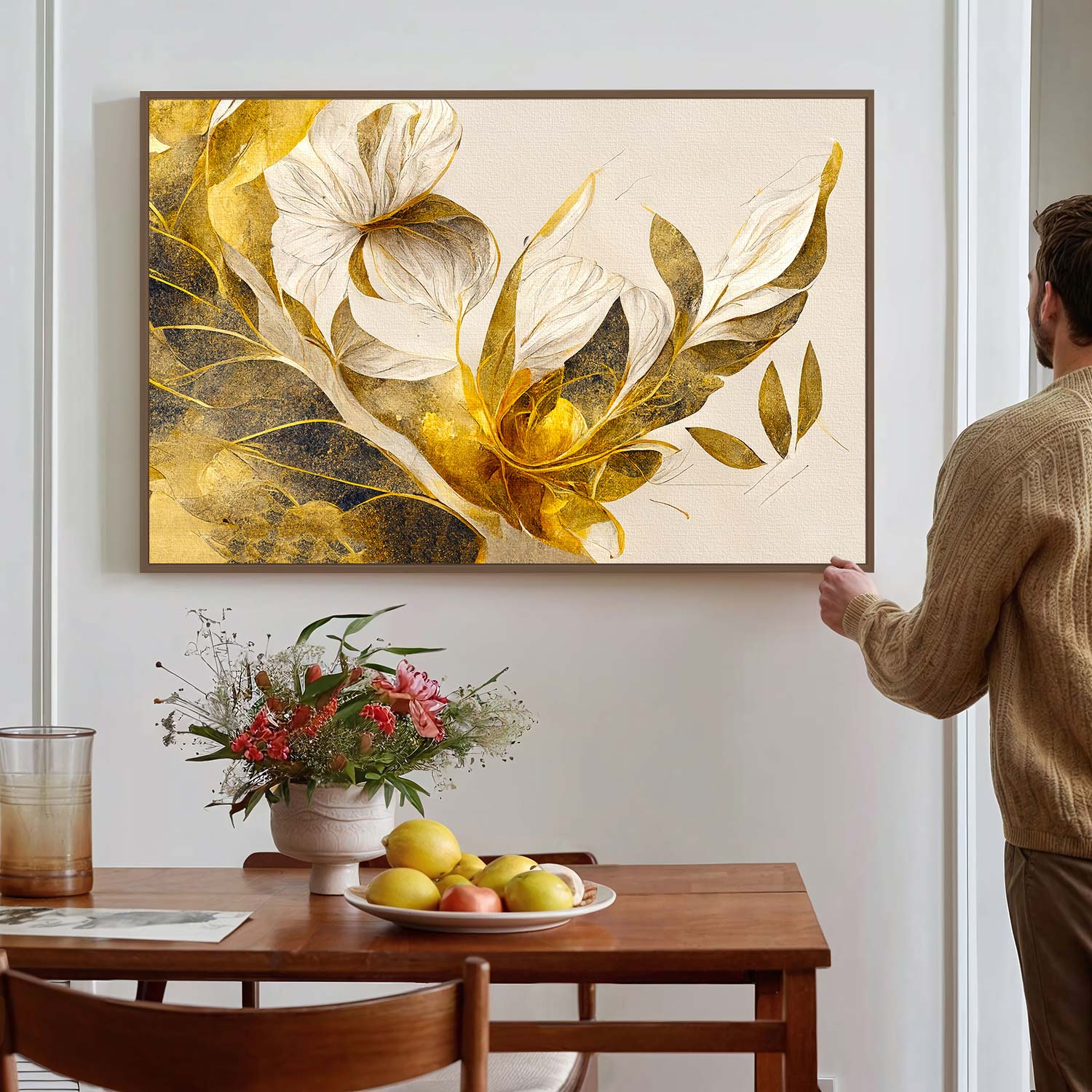 Tableau sur toile de fleurs dorées effet 3D moderne art KWADECO