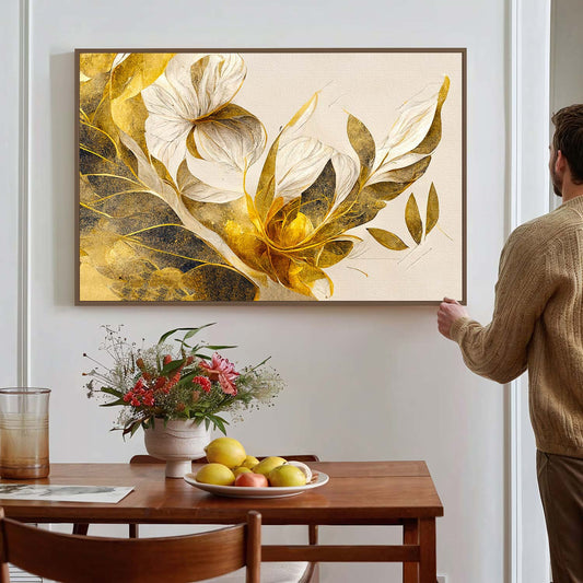 Tableau sur toile de fleurs dorées effet 3D moderne art KWADECO