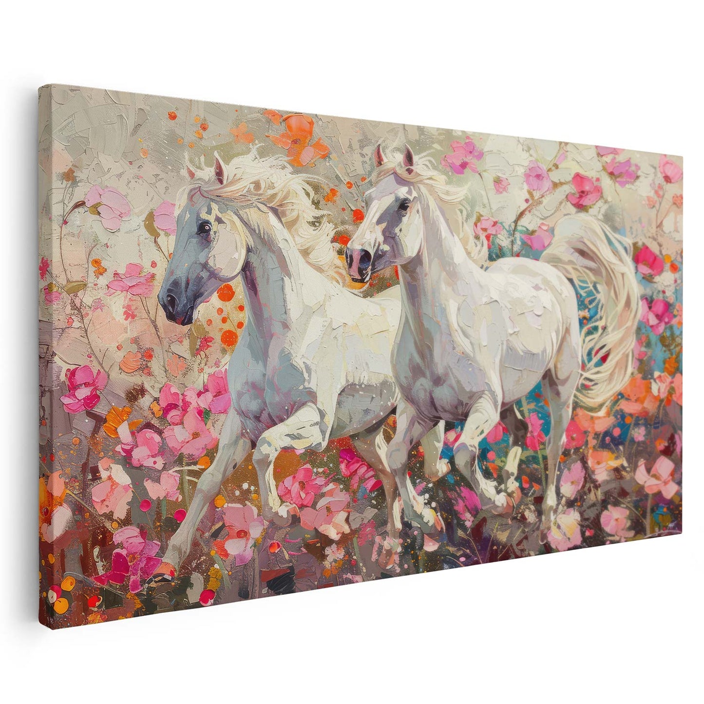 Toile représentant deux chevaux blancs sur un fond de fleurs colorées