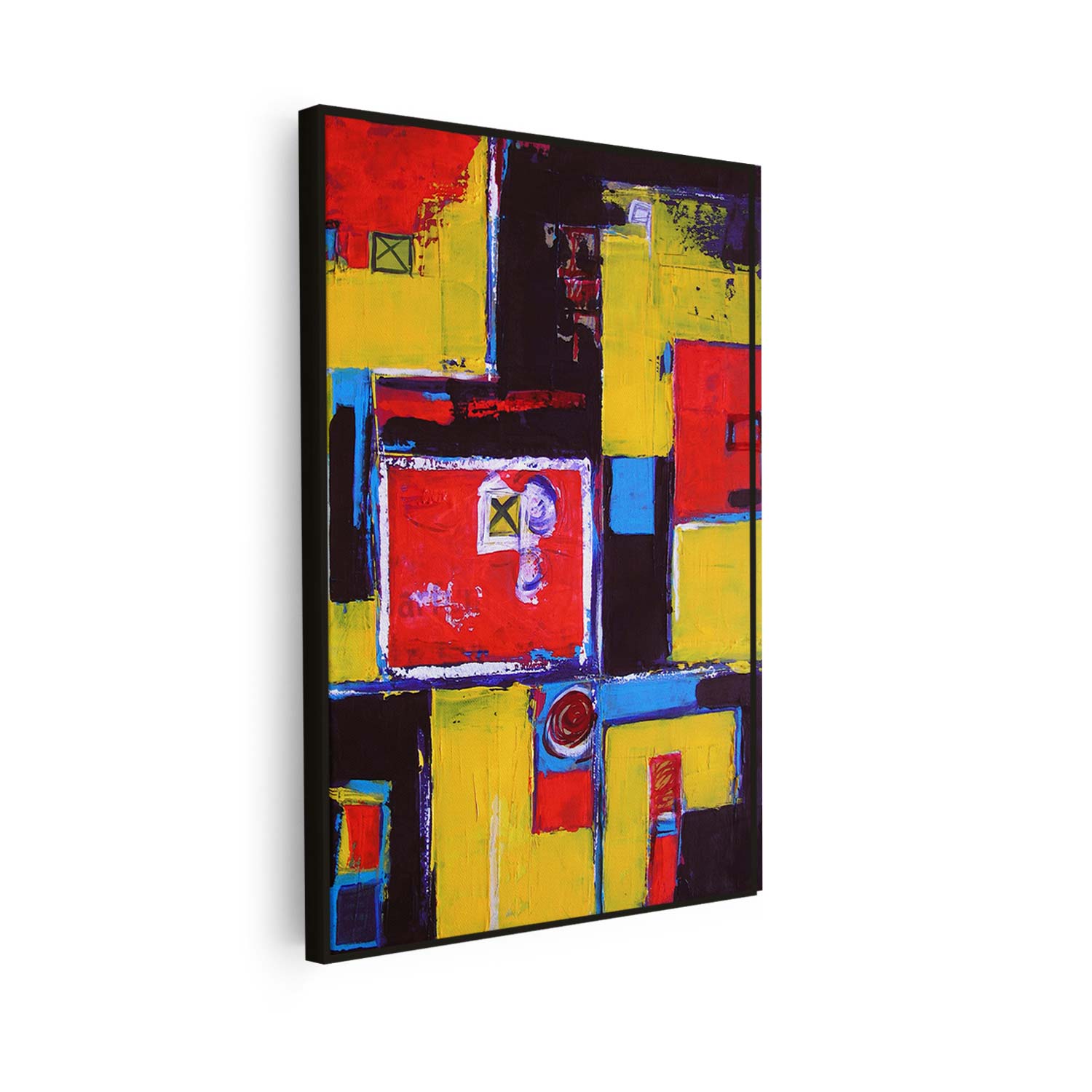 Tableau abstrait verticale aux formes colorées rouge et jaune KWADECO