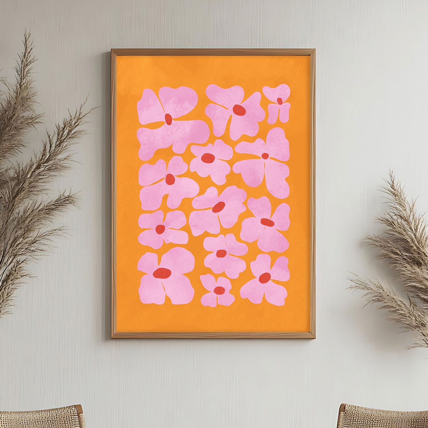 Poster sous verre fleur style Matisse sur fond orangé