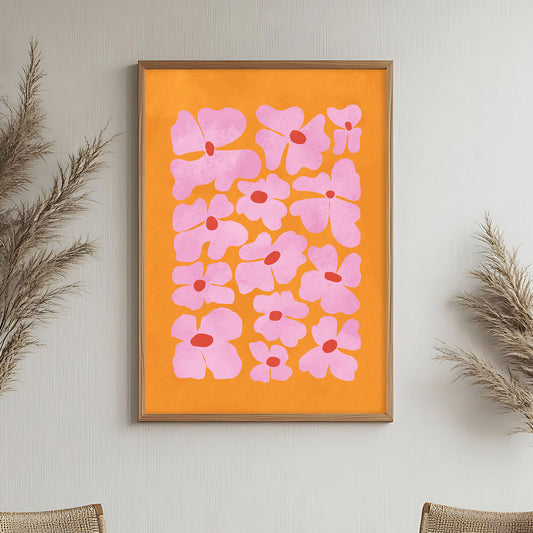 Poster sous verre fleur style Matisse sur fond orangé