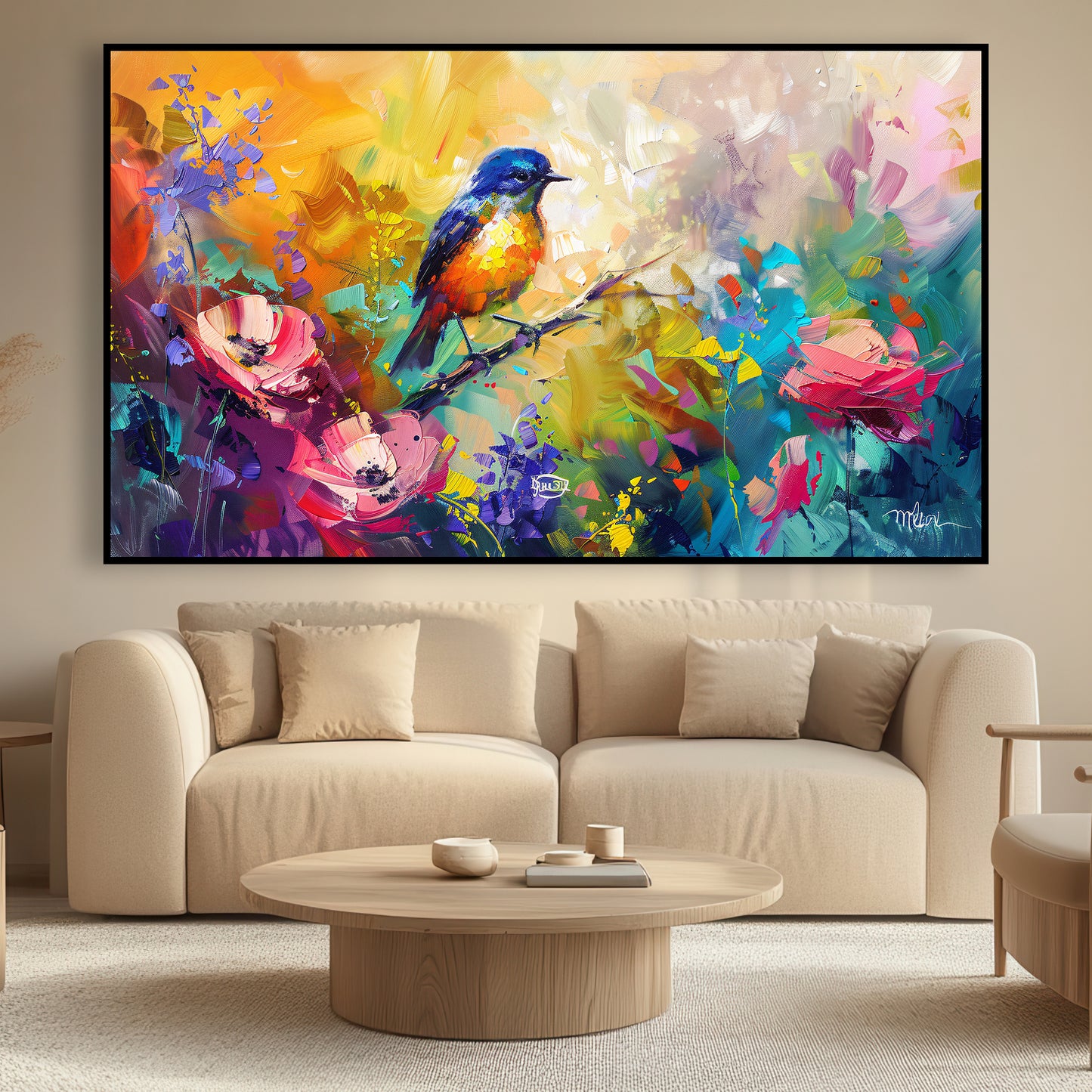 Toile représentant un oiseau coloré sur un fond de nature, style peinture