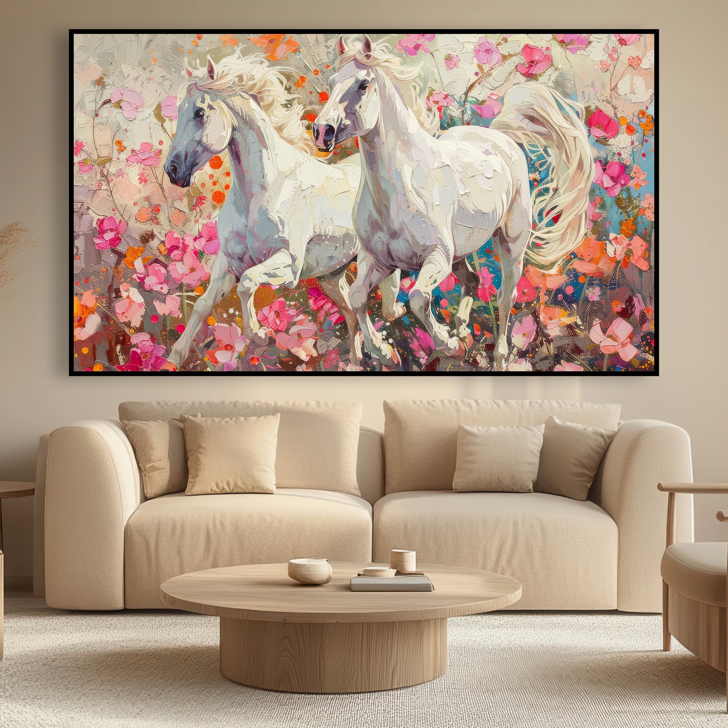 Toile représentant deux chevaux blancs sur un fond de fleurs colorées
