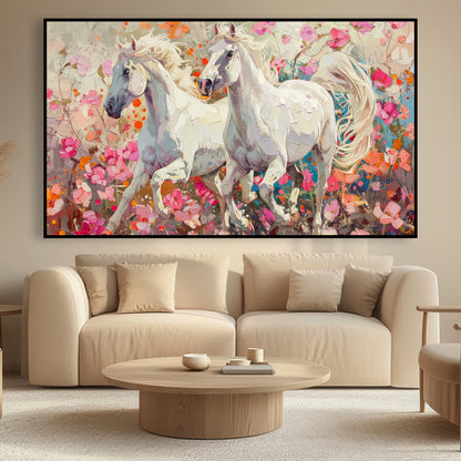 Toile représentant deux chevaux blancs sur un fond de fleurs colorées