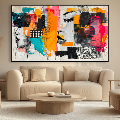 Toile moderne représentant un visage sur fond abstrait coloré