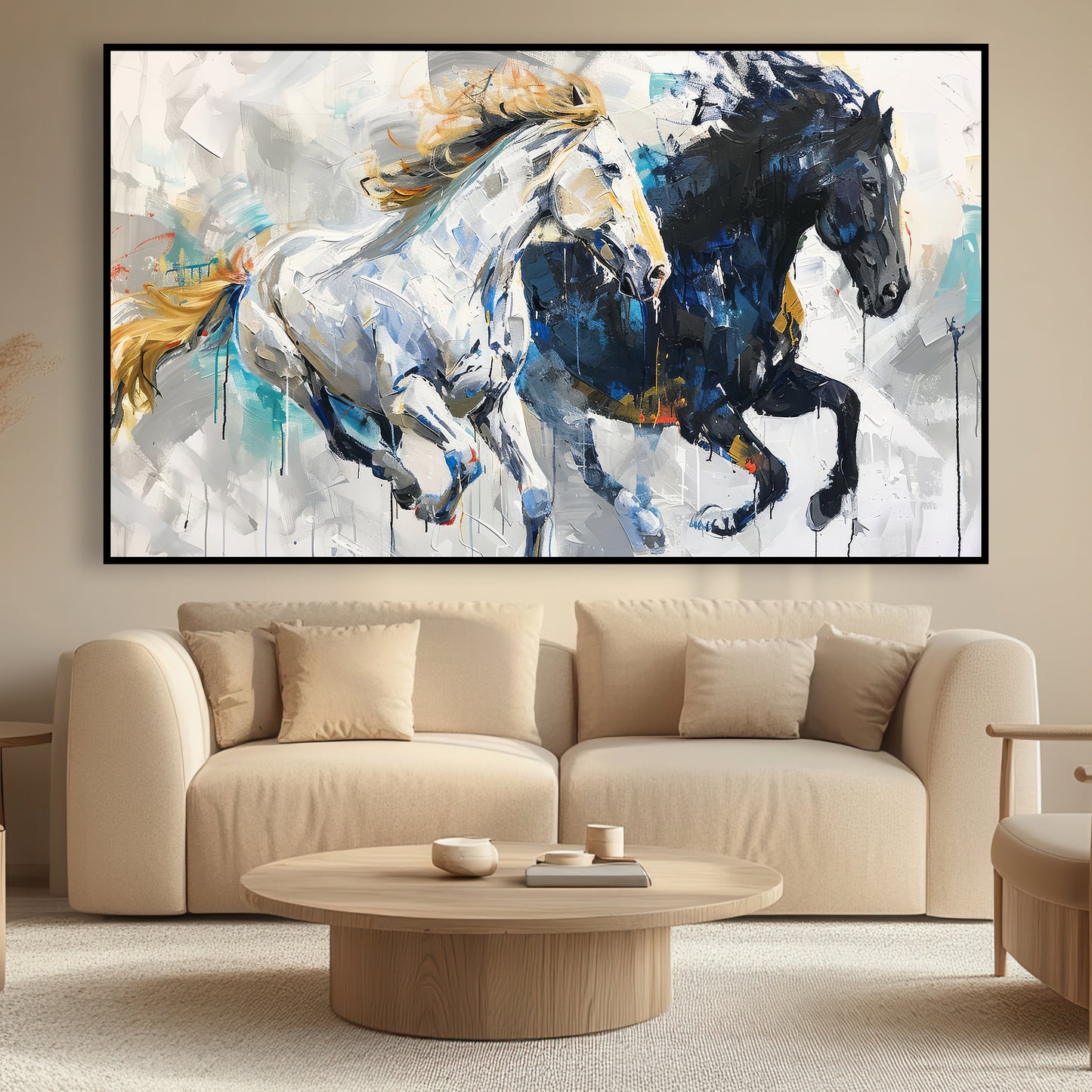 Cheval noir et cheval blanc en pleine course, une œuvre artistique