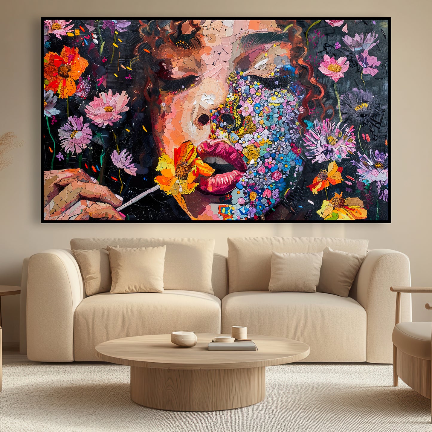 Visage de femme entouré de fleurs dans un style abstrait