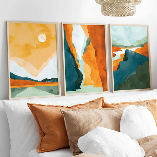 Poster sous verre aux motifs naturels, dans des tons verts et orangés KWADECO