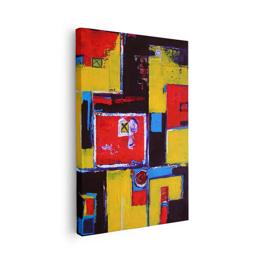 Tableau abstrait verticale aux formes colorées rouge et jaune KWADECO