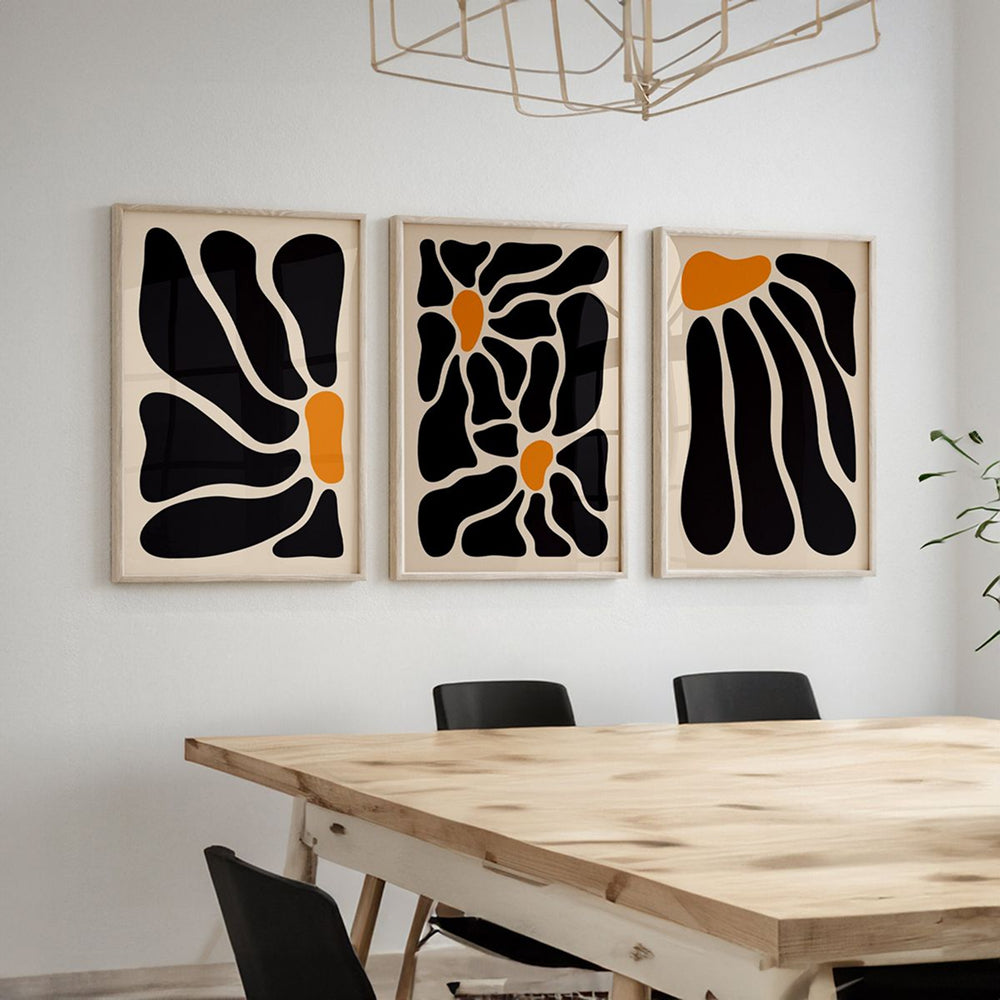 Trio abstrait de style Matisse, noir et orangé