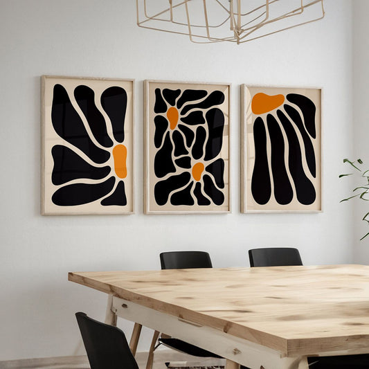 Trio abstrait de style Matisse, noir et orangé