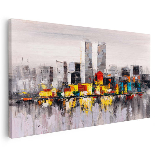 Tableau sur toile verticale de ville colorée sur fond gris KWADECO