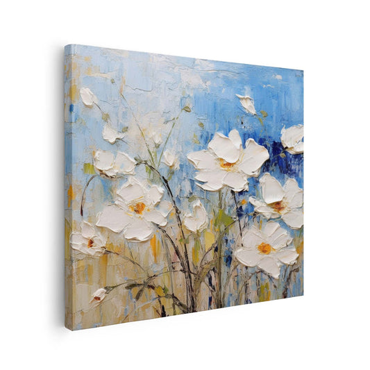 Tableau carré sur toile, fleur blanche sur fond bleu KWADECO