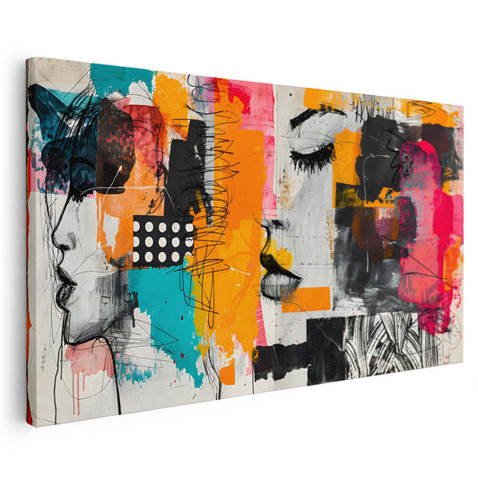 Toile moderne représentant un visage sur fond abstrait coloré