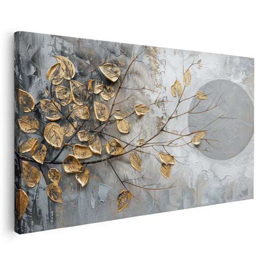 Tableau sur toile abstraite avec des feuilles d'arbre dorées KWADECO