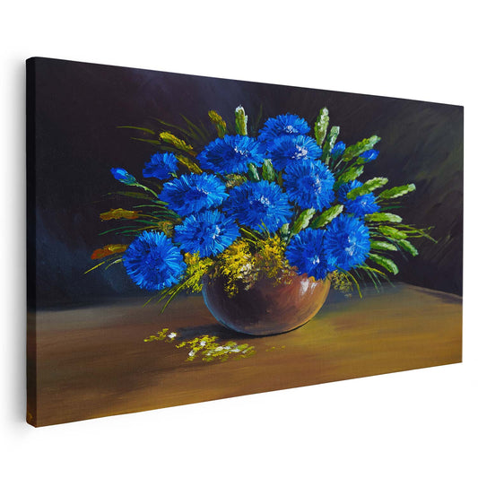 Tableau de vase avec des fleurs bleu sur fond noir KWADECO