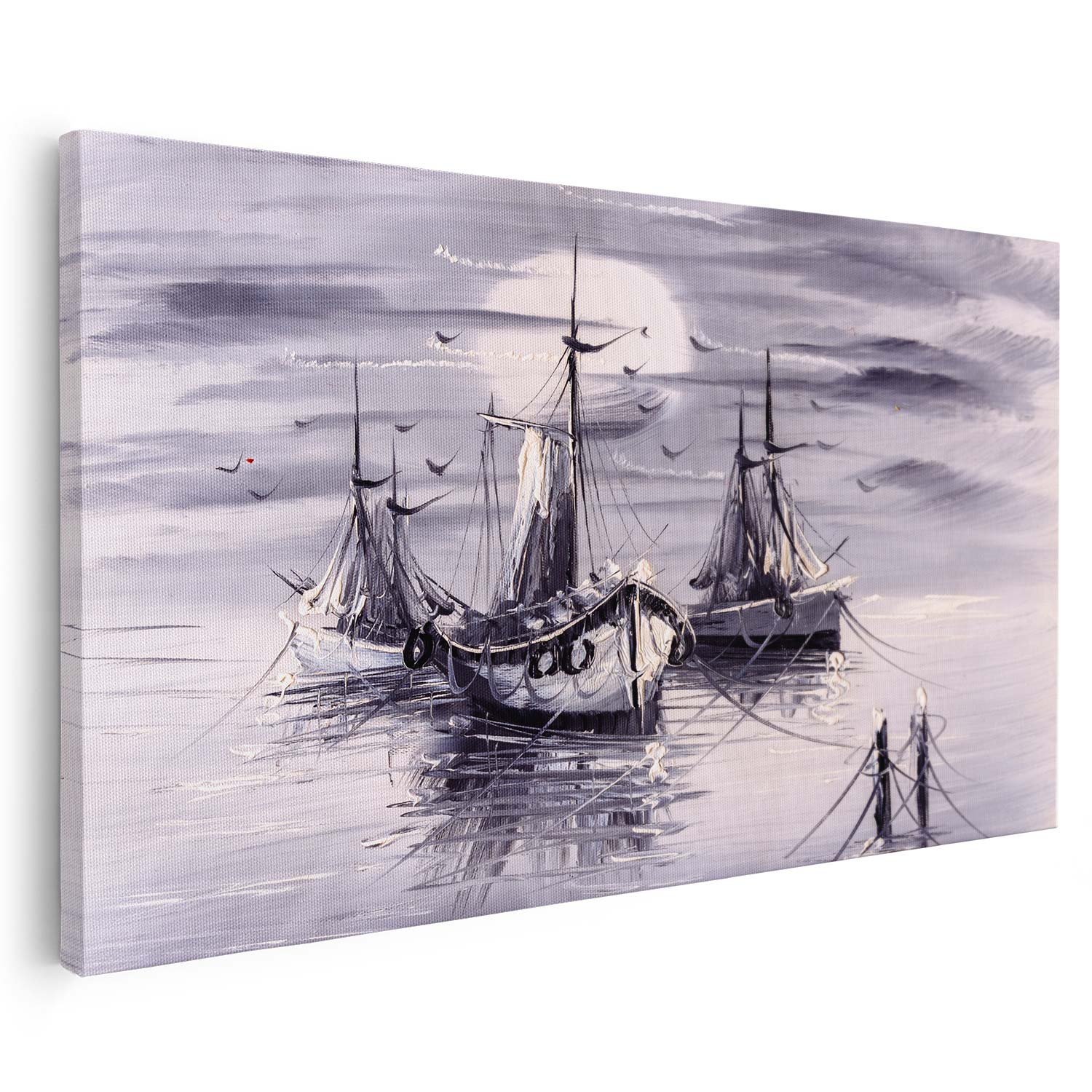Tableau sur toile d'un navire et de la lune gris KWADECO