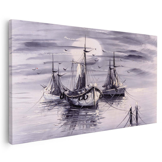 Tableau sur toile d'un navire et de la lune gris KWADECO