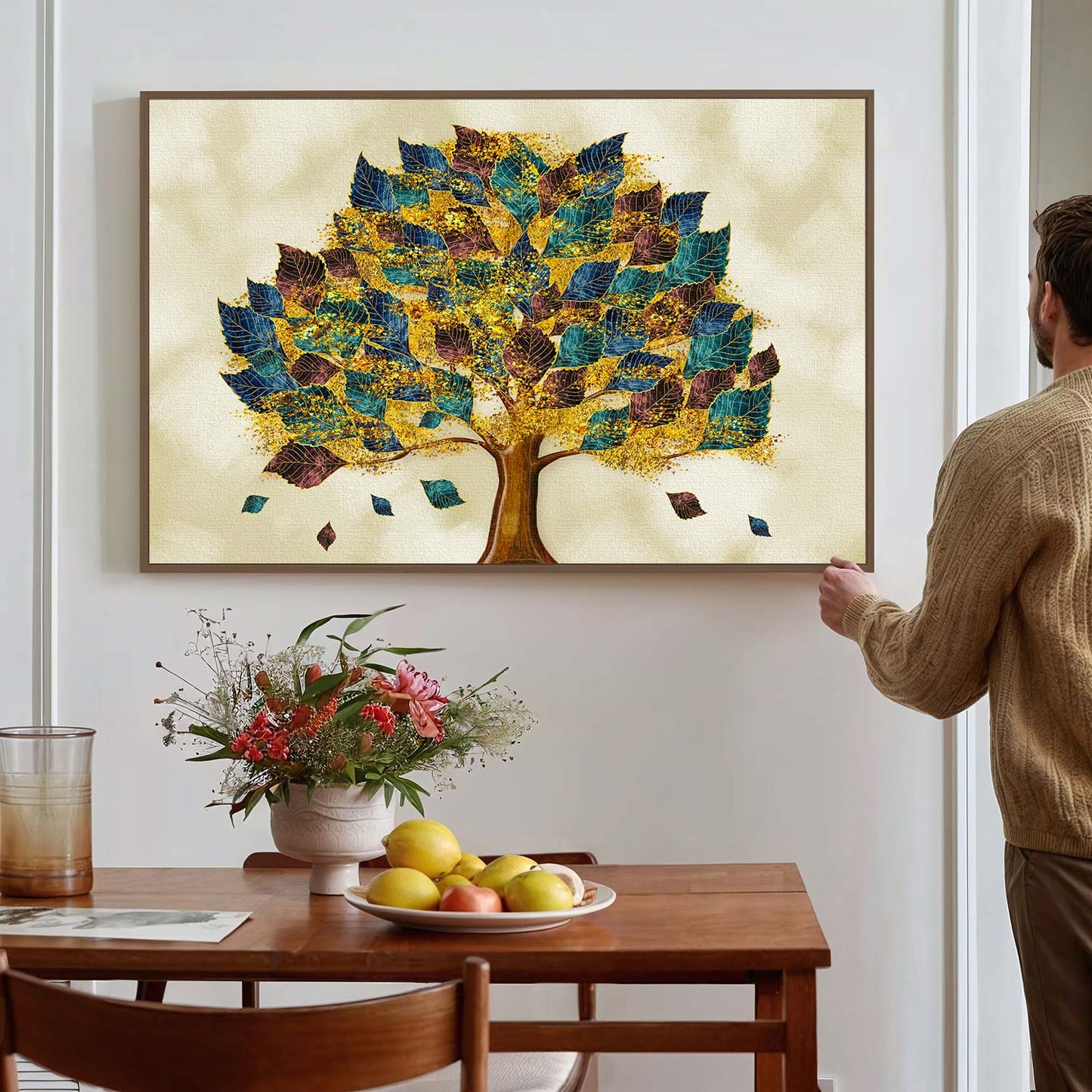 Tableau sur toile d'arbre doré sur un fond beige KWADECO