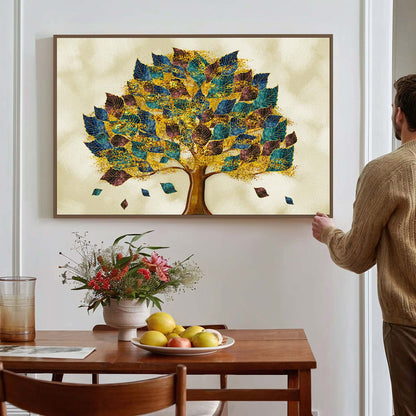 Tableau sur toile d'arbre doré sur un fond beige KWADECO